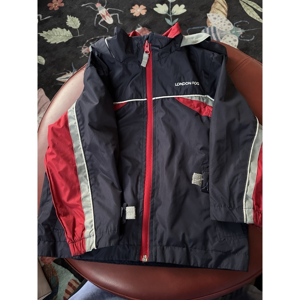 London Fog Boys Size 4 Hooded Rain Jacket Windbreaker Navy Red Gray Reflective